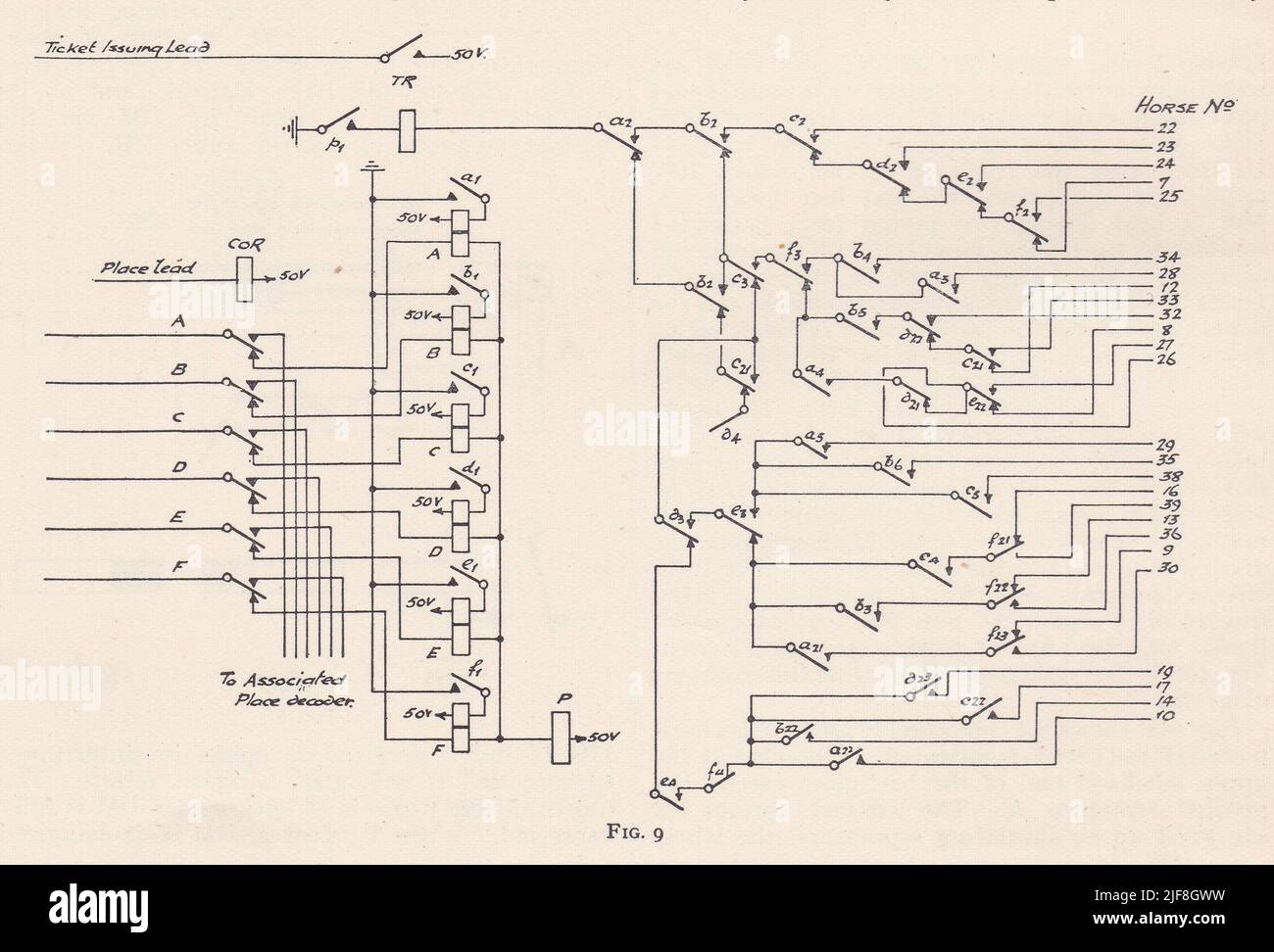 Esquema antiguo de un circuito eléctrico - calculador? Foto de stock