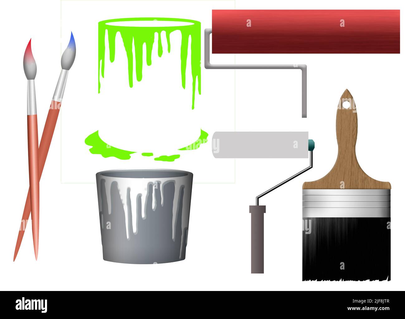 El cubo de pintura, los cepillos y los rodillos de pintura se ven en las ilustraciones 3-d para ser utilizados como recursos gráficos. Foto de stock
