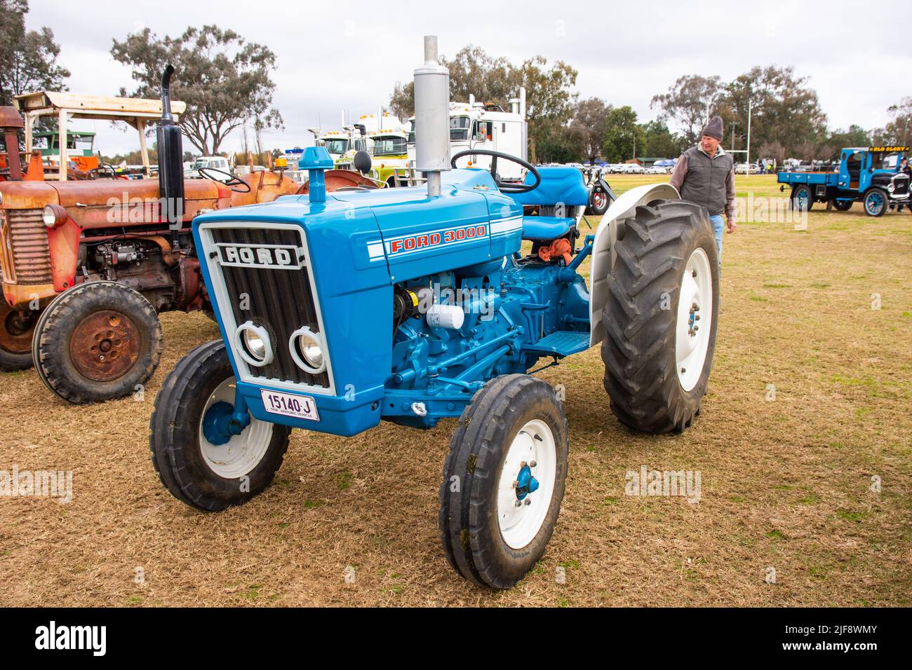 Un tractor agrícola Vintage Ford 3000 bien restaurado en exhibición en Manilla Australia. Foto de stock