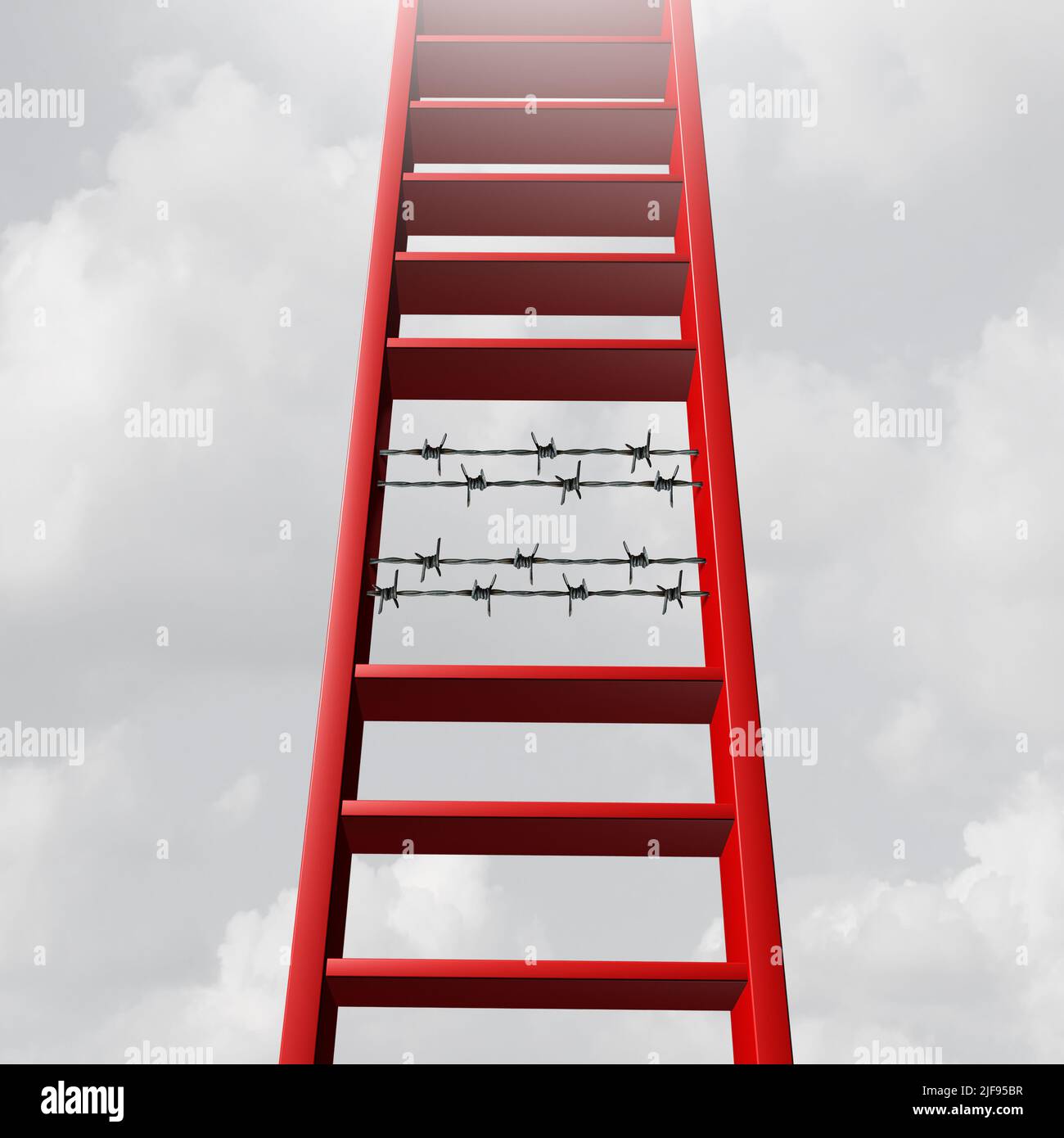 Desafíos para el éxito Metáfora de negocios y problema de arranque Subida una escalera con alambre de púas obstáculos con 3D elementos de ilustración. Foto de stock