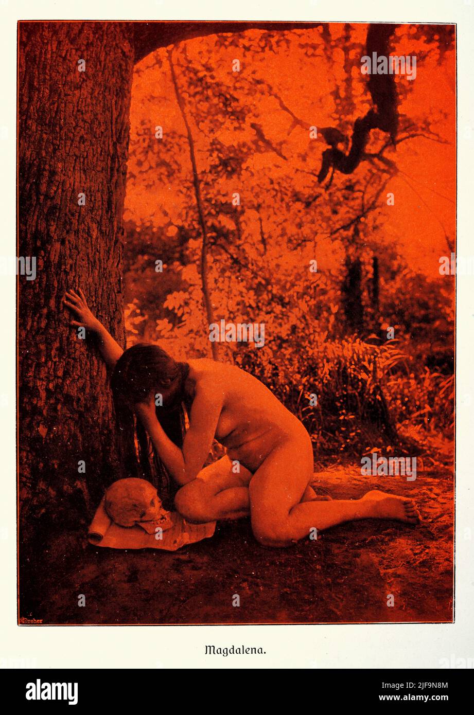 Fotografía de la primera época de una mujer desnuda llorando sobre un cráneo y un rollo, rojo, alemán, 1900s. Estudio de la belleza femenina. Magdalena Foto de stock