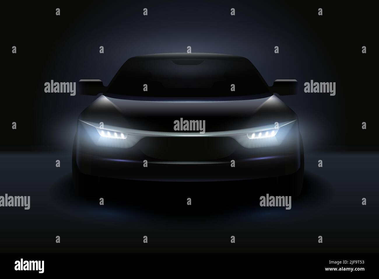 Composición realista de luces led de coche con silueta oscura de automóvil  con faros atenuados y sombras ilustración