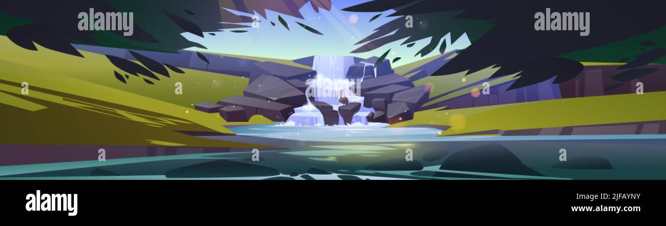 Cascada cascada en el paisaje de dibujos animados del bosque. Fondo panorámico con río que fluye de rocas a arroyo o lago bajo ramas de árboles. Agua j Ilustración del Vector