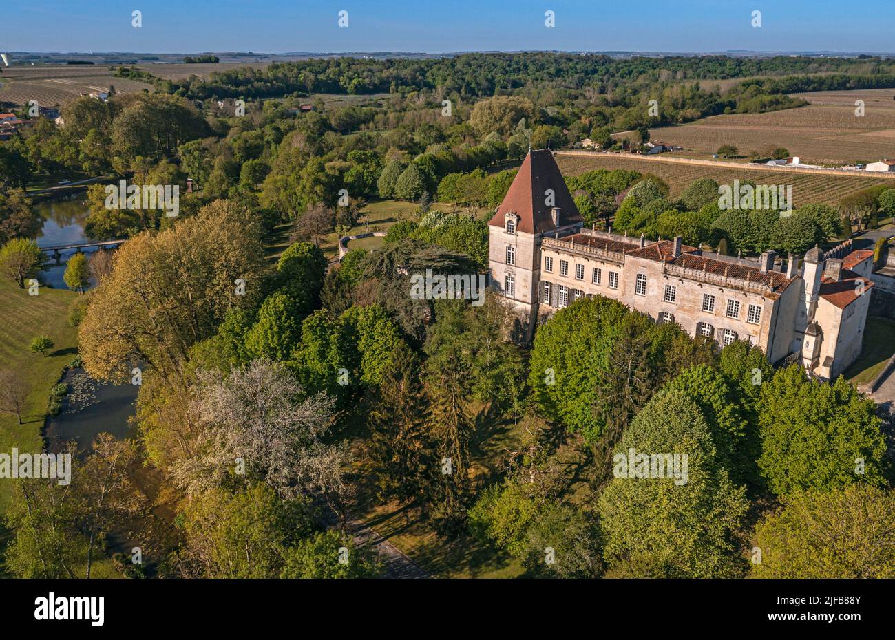 Francia, Charente, Bourg Charente, el castillo de Bourg pertenece a la familia Marnier-Lapostolle, produce allí licores Grand Marnier (vista aérea) Foto de stock