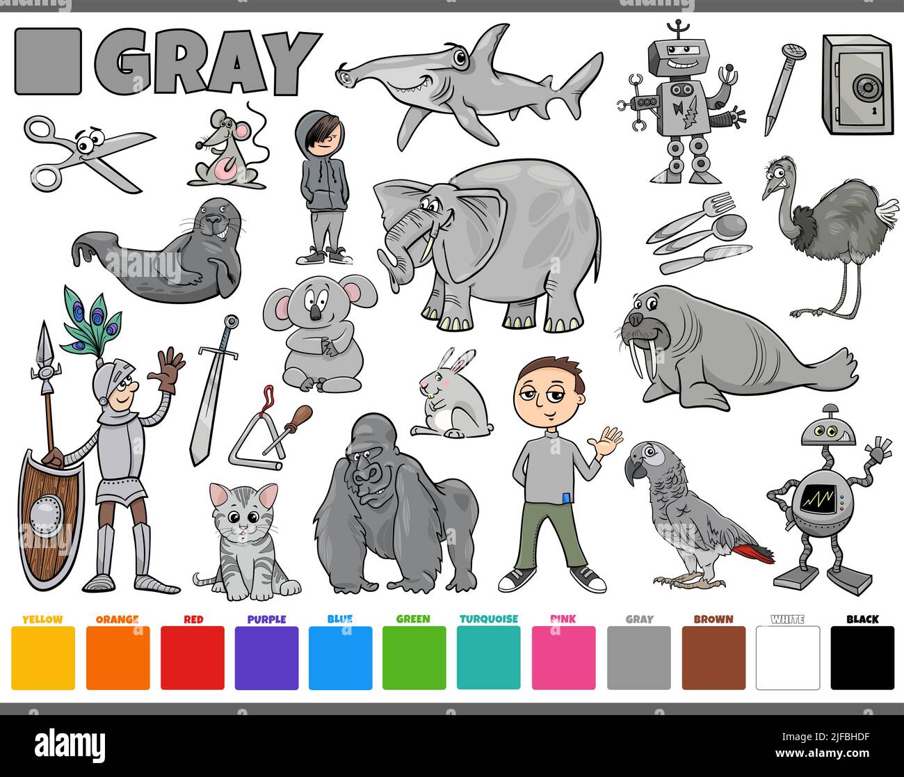 Objetos de color gris definidos. Aprendiendo colores para niños. Linda  colección de elementos Imagen Vector de stock - Alamy