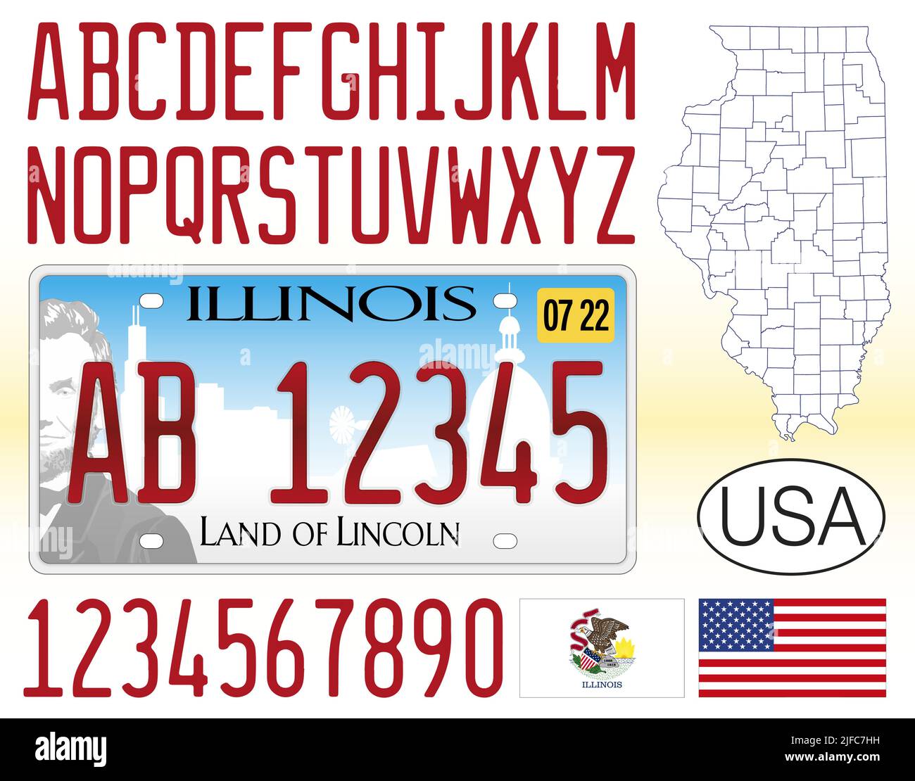 Matrícula de vehículos de Illinois, Estados Unidos, letras, números y símbolos, ilustración de vectores Ilustración del Vector