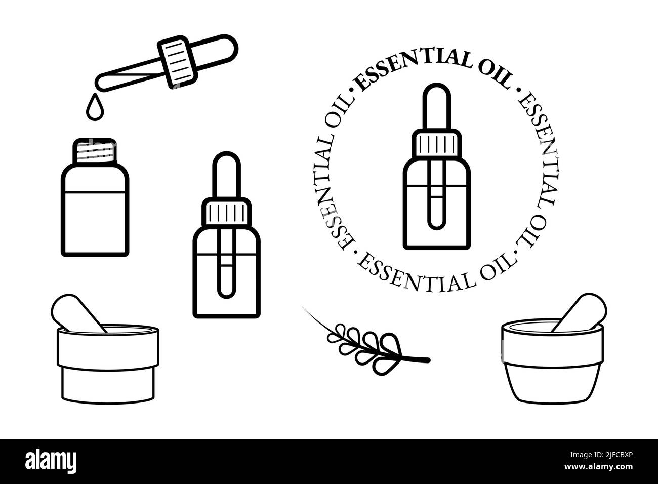 Conjunto de iconos de aceite esencial. Símbolo de aromaterapia y aceite cosmético. Ilustración vectorial de estilo de línea Ilustración del Vector