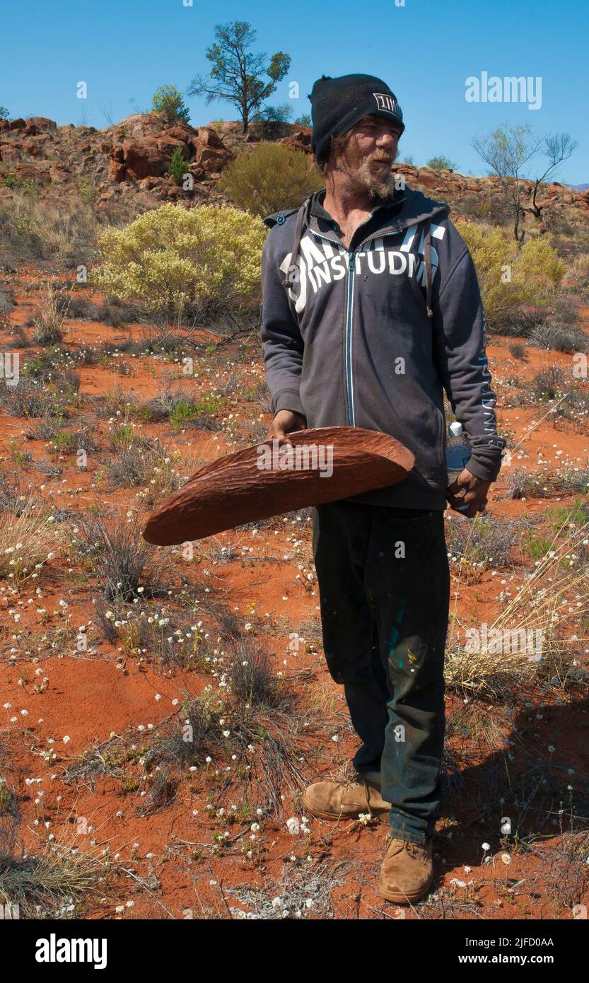 Guía aborigen que muestra técnicas de recolección de comida en Cave Hill, Australia Central Foto de stock