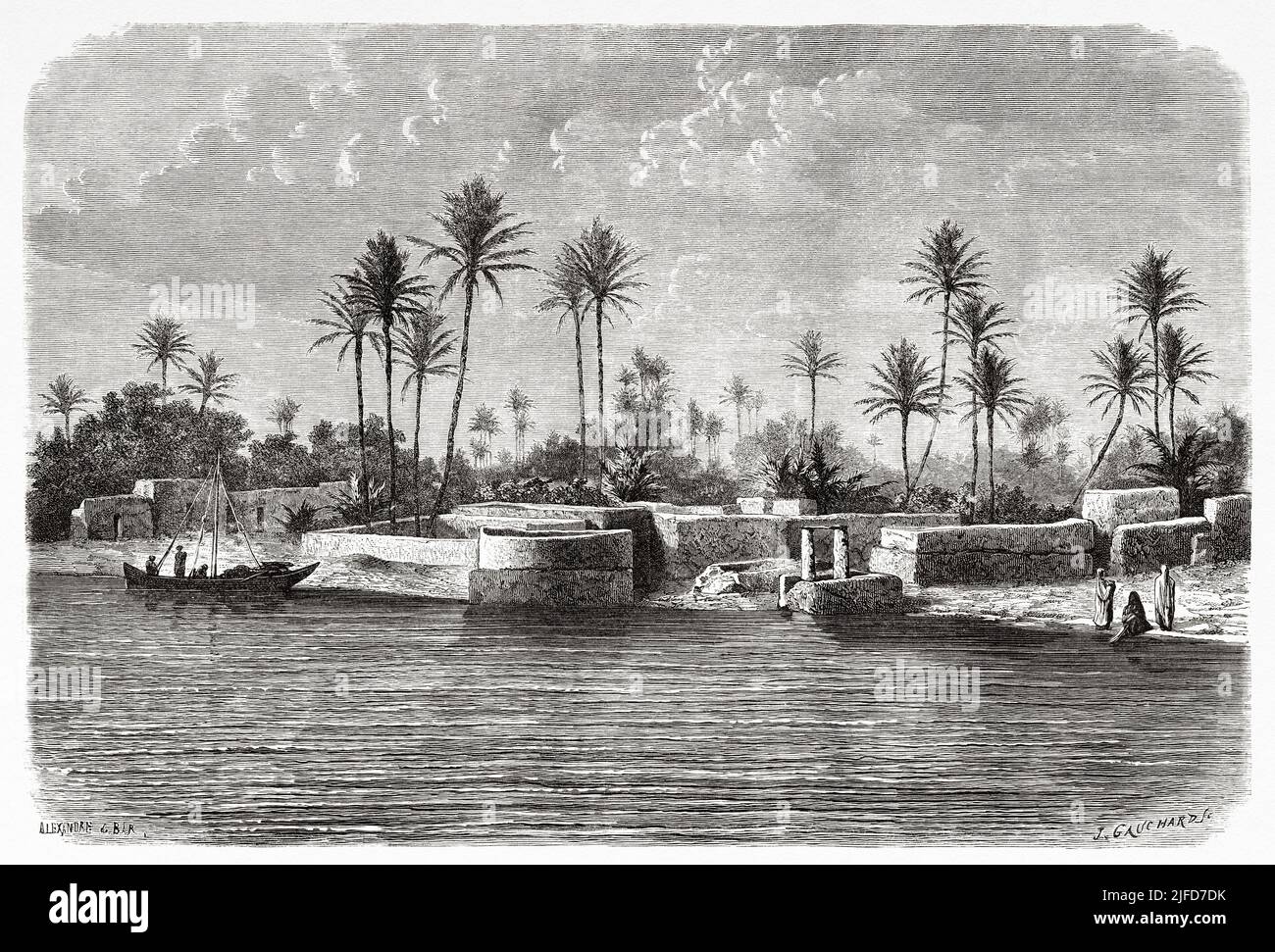 Alrededores de Bagdad a orillas del río Tigris, Irak. Viaje a Babilonia por Guillaume Lejean 1866 de Le Tour du Monde 1867 Foto de stock