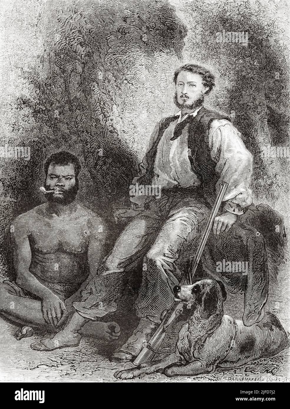 Retrato de Jules Garnier, su guía local y su perro Suluc, Nueva Caledonia. Viaje a Nueva Caledonia en Jules Garnier 1863-1866 desde Le Tour du Monde 1867 Foto de stock