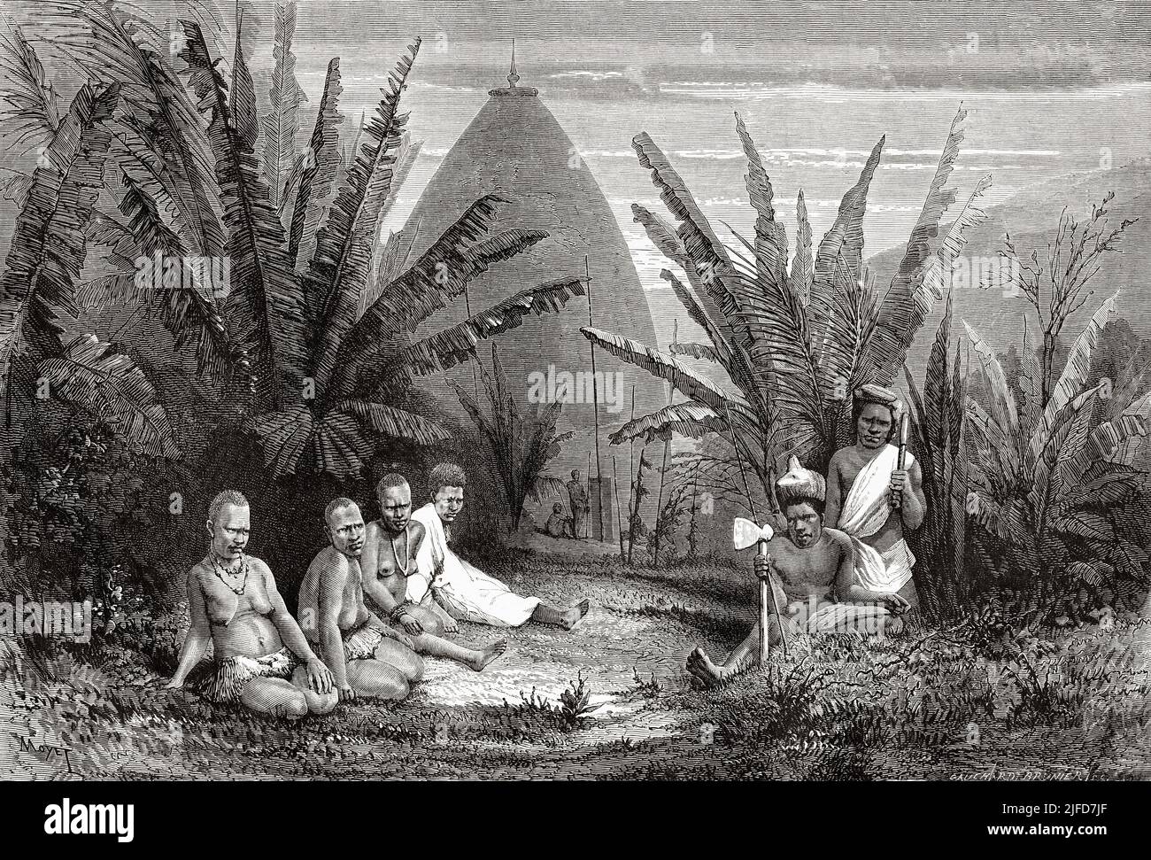 Vivienda en jefe tribal cerca de Canala, Nueva Caledonia. Viaje a Nueva Caledonia en Jules Garnier 1863-1866 desde Le Tour du Monde 1867 Foto de stock