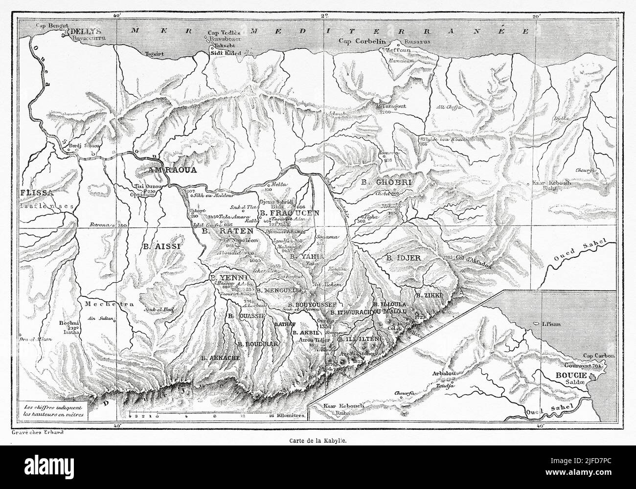 Antiguo mapa de la región de Kabylia. Norte de Argelia, África. Excursión en Gran Cabilia por el Comandante Emile Duhousset 1864 desde Le Tour du Monde 1867 Foto de stock