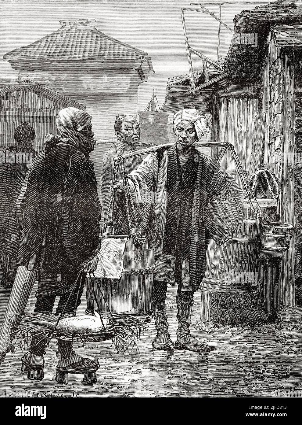 Mercado de pescado, Tokio. Japón, Asia. Viaje a Japón en Aime Humbert 1863-1864 desde Le Tour du Monde 1867 Foto de stock