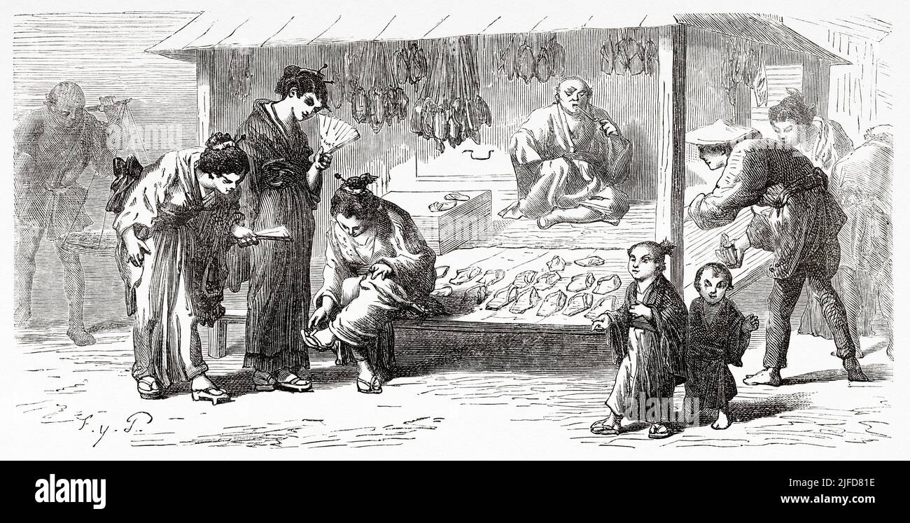 Tienda japonesa de zapatos de paja en Tokio. Japón, Asia. Viaje a Japón en Aime Humbert 1863-1864 desde Le Tour du Monde 1867 Foto de stock