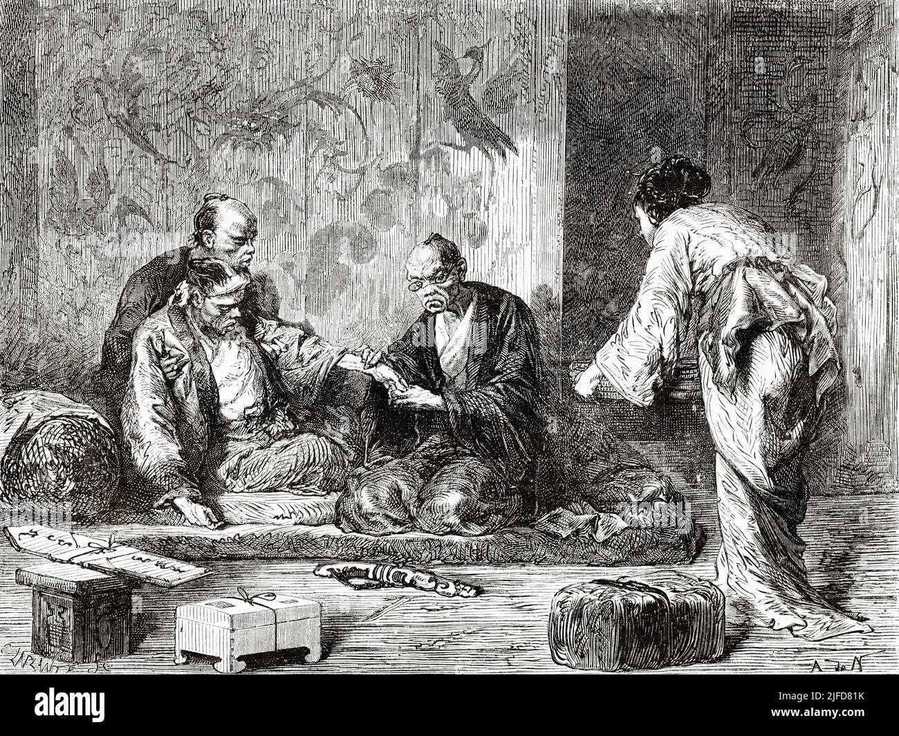 Médico visitando a un paciente enfermo, Tokio. Japón, Asia. Viaje a Japón en Aime Humbert 1863-1864 desde Le Tour du Monde 1867 Foto de stock