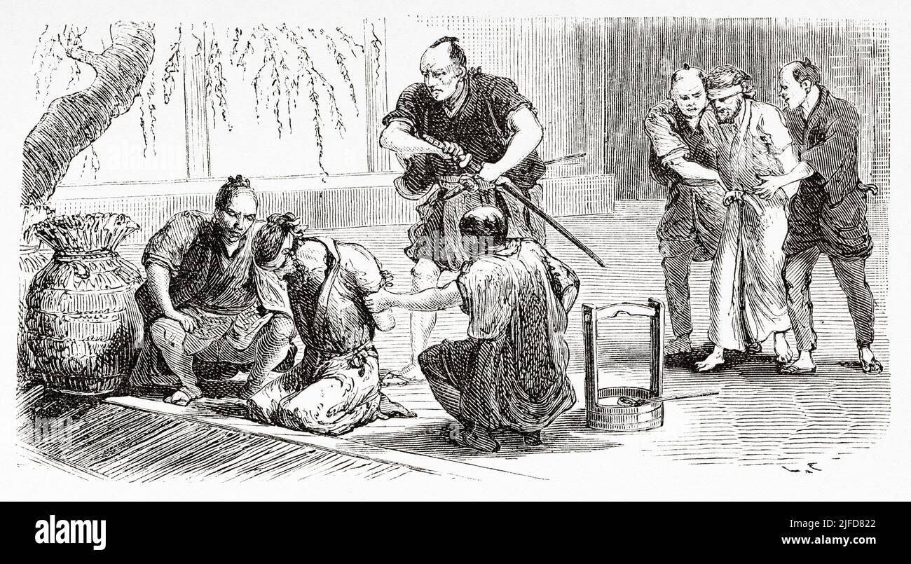 Ejecución de un condenado por la espada, Tokio. Japón, Asia. Viaje a Japón en Aime Humbert 1863-1864 desde Le Tour du Monde 1867 Foto de stock