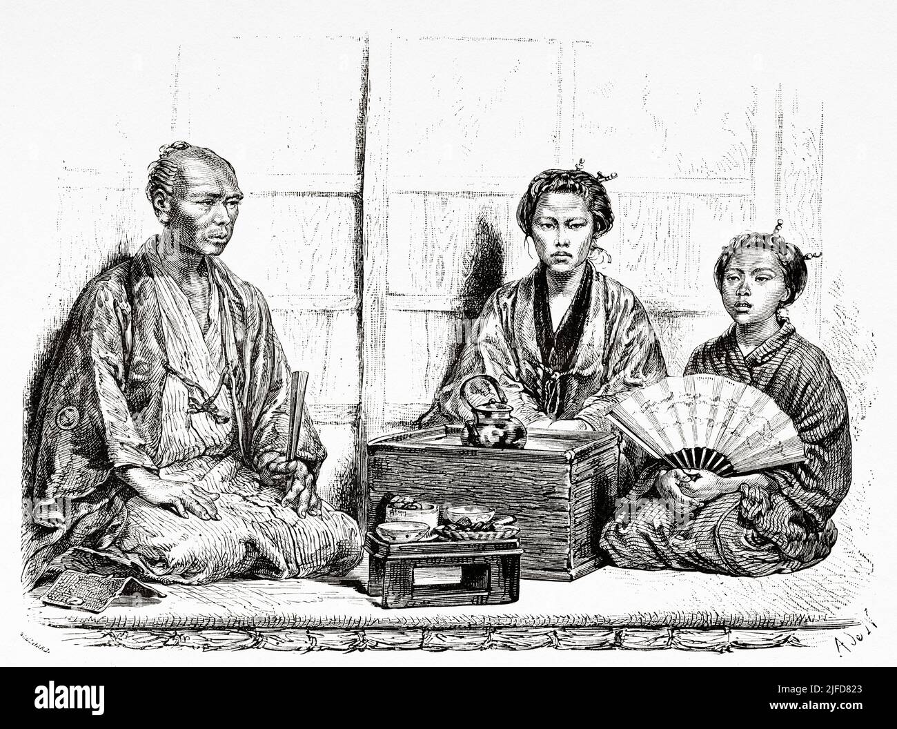 Familia de la clase de los artesanos teniendo té, Tokio. Japón, Asia. Viaje a Japón en Aime Humbert 1863-1864 desde Le Tour du Monde 1867 Foto de stock