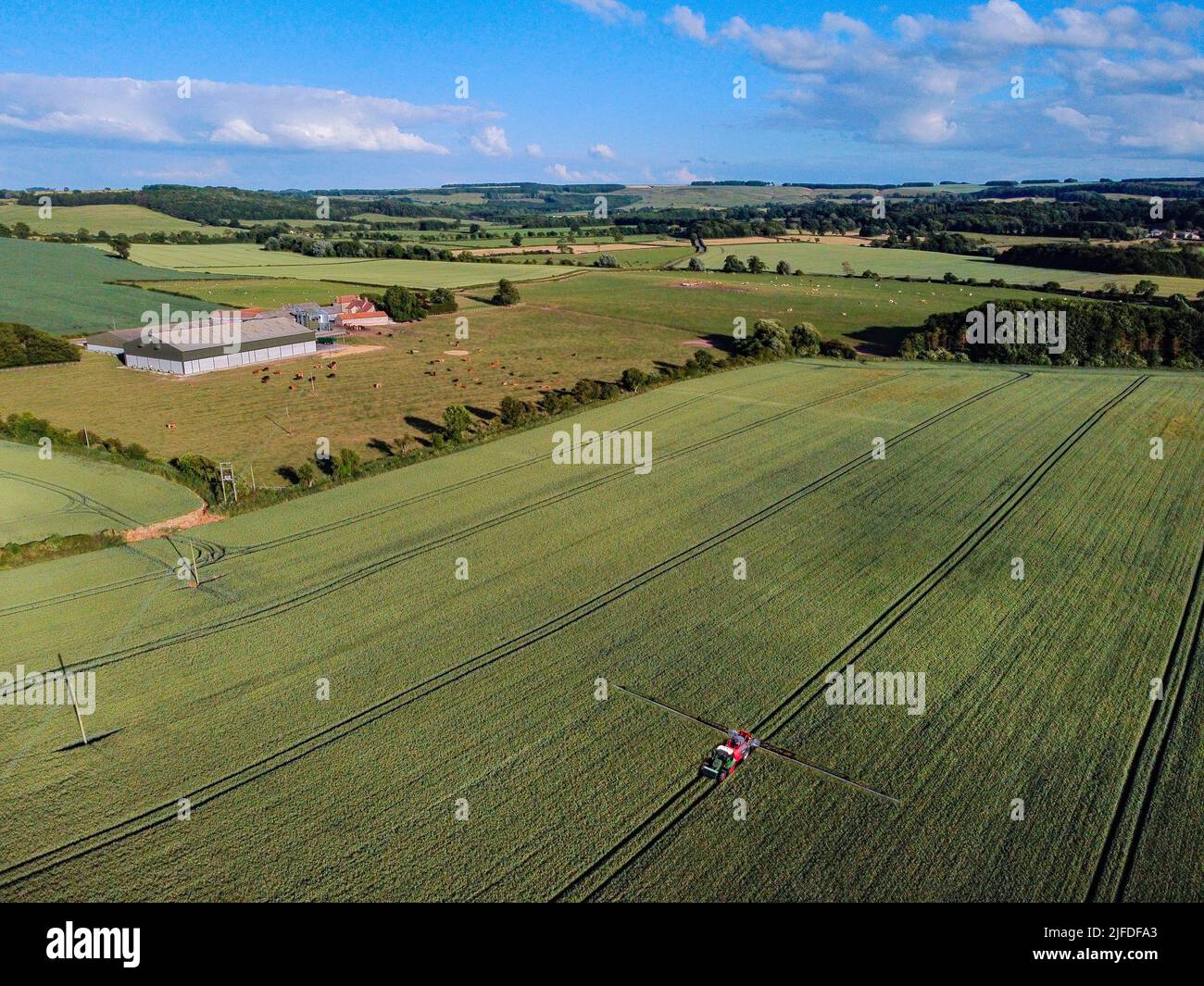Vista aérea de los 'tranvías' de un agricultor en un campo de maíz en la campiña de North Yorkshire en el noreste de Inglaterra. Foto de stock