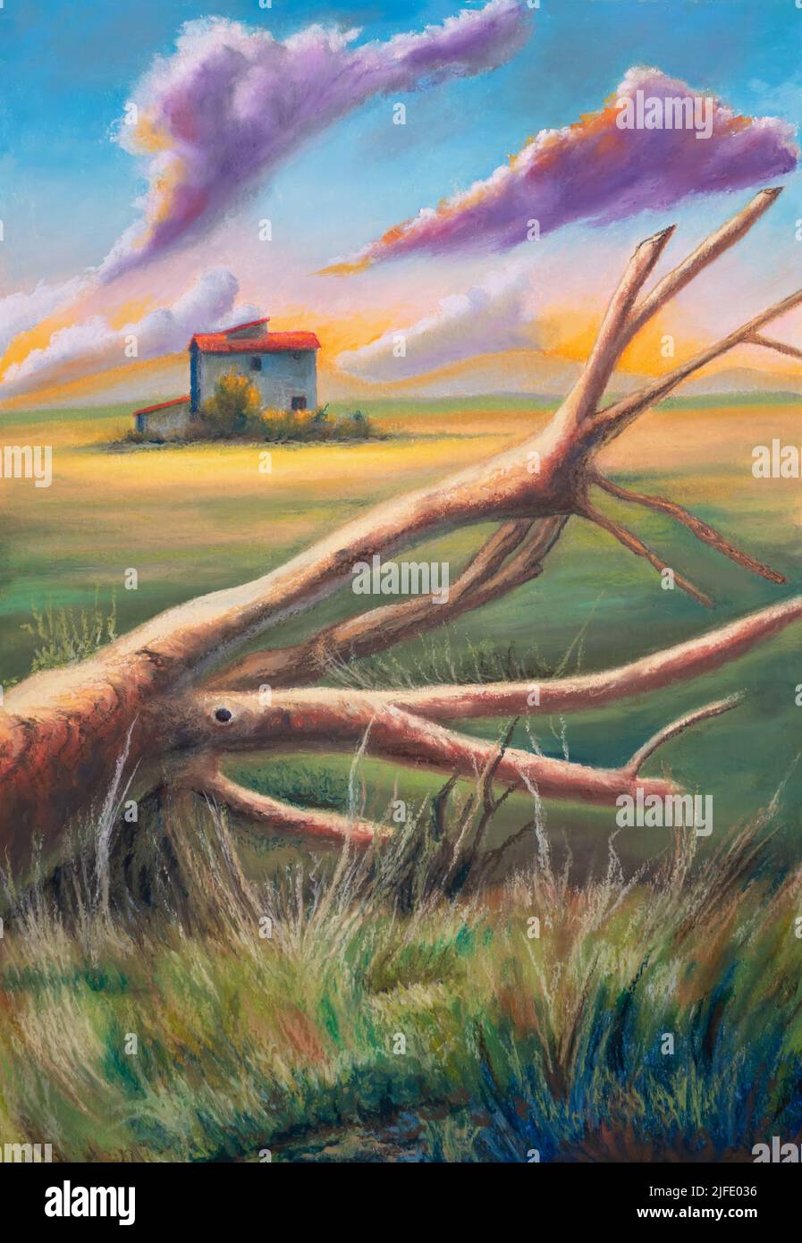 Ramas de árboles en un paisaje rural. Pintura original sobre lienzo. Foto de stock