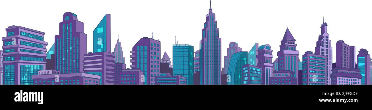 Modernos rascacielos de la ciudad panorama de edificios altos, fondo urbano. Pop art retro vector ilustración cómic caricatura estilo 50s 60s kitsch vintage Ilustración del Vector