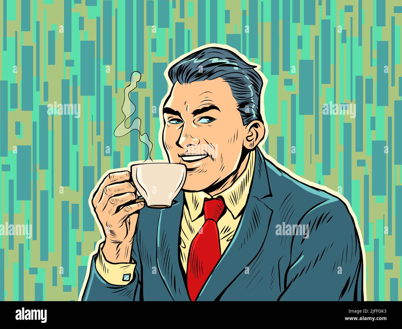 Alegre hombre de negocios bebiendo café por la mañana. Bebida caliente. Té de cacao cappuccino. POP Art Retro Vector Illustration 50s 60s Estilo Kitsch Dibujo Vintage Ilustración del Vector