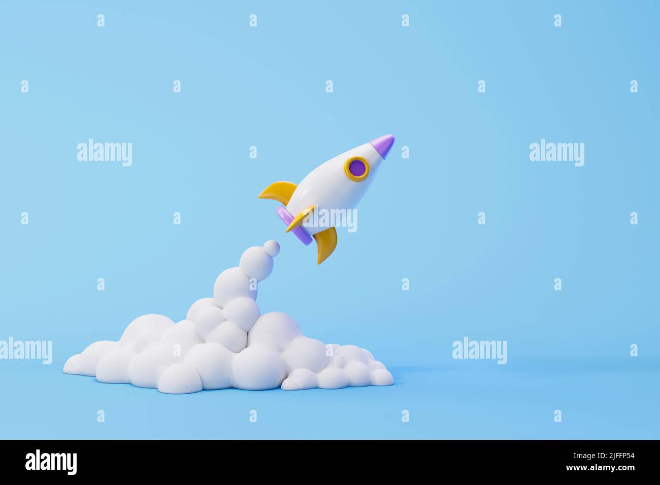 Lanzamiento de cohetes sobre fondo azul, icono de la nave espacial, concepto de negocio de puesta en marcha. ilustración 3d Foto de stock