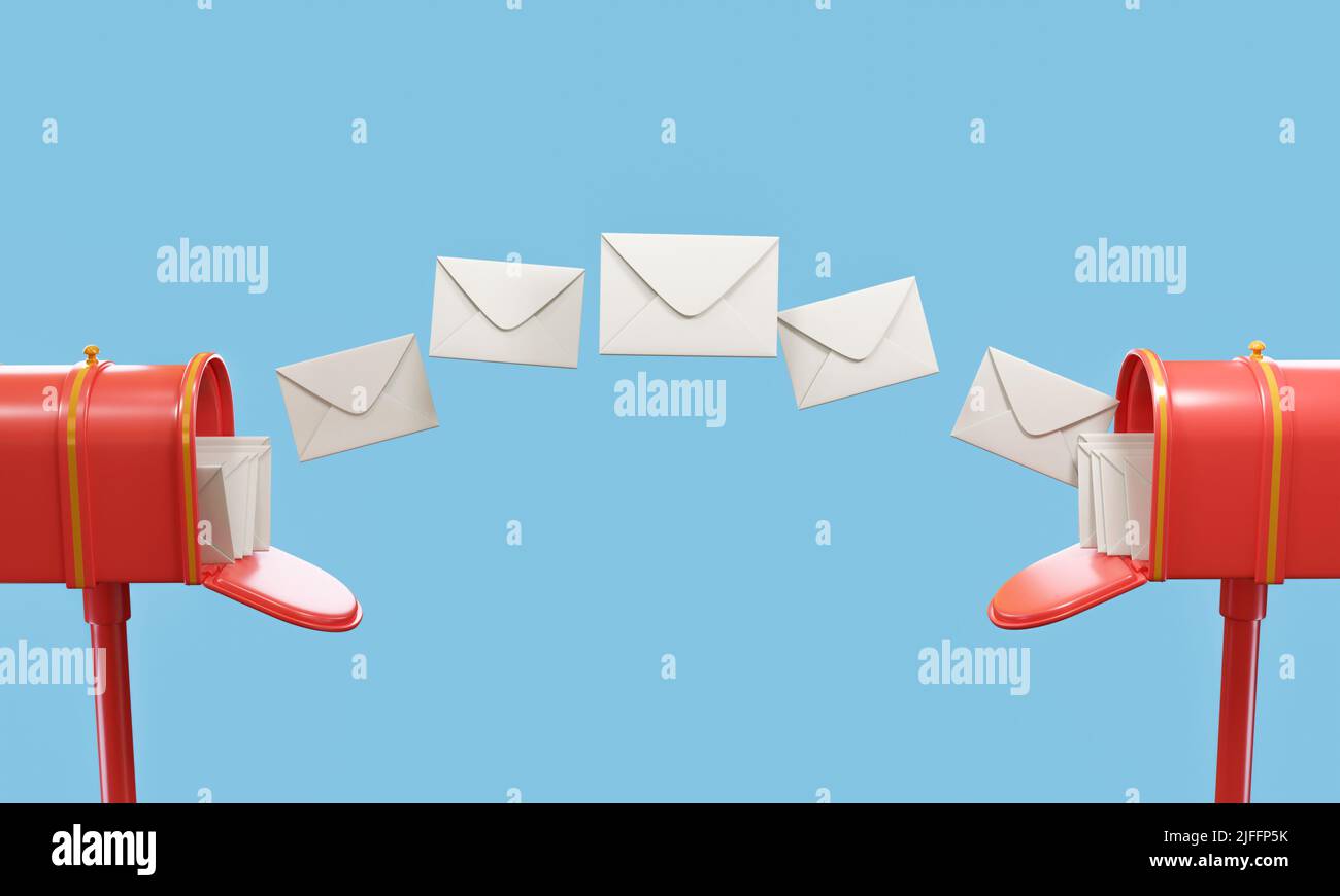Buzón de correo rojo con sobres voladores, entrega de correo y concepto de boletín informativo. ilustración de representación 3d Foto de stock