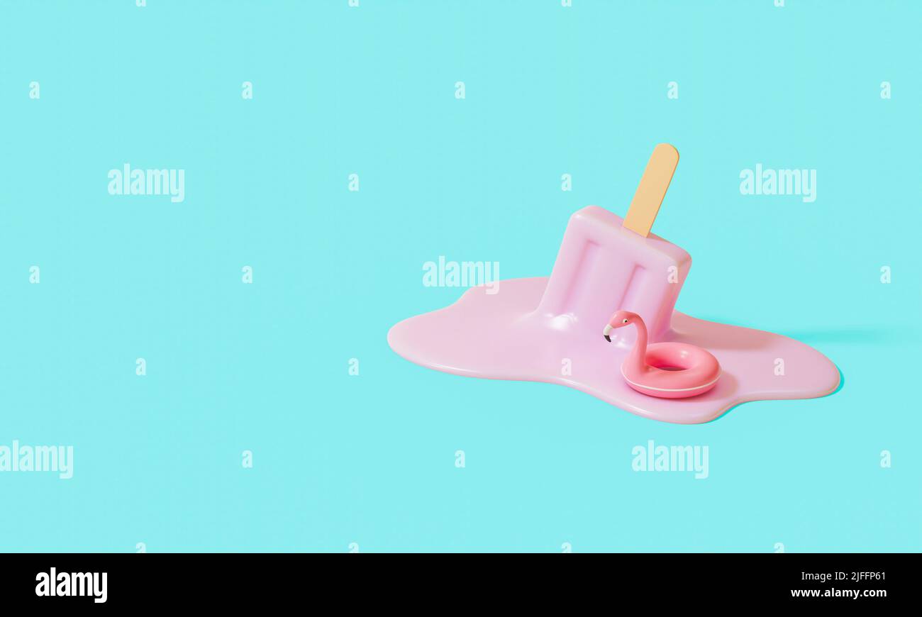 Helado de barra rosa que se derrite con flamingo flotando sobre fondo azul pastel. Idea creativa Concepto de verano mínimo. ilustración 3d Foto de stock