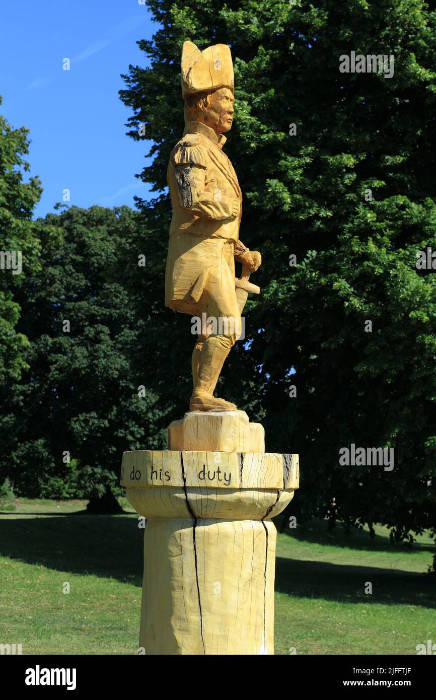 Almirante Lord Horatio Nelson, Burnham Thorpe, Norfolk, esculturas en madera Foto de stock