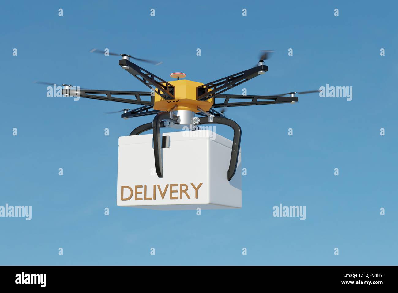 Drone de entrega con contenedor de carga en el cielo - 3D renderizado Foto de stock