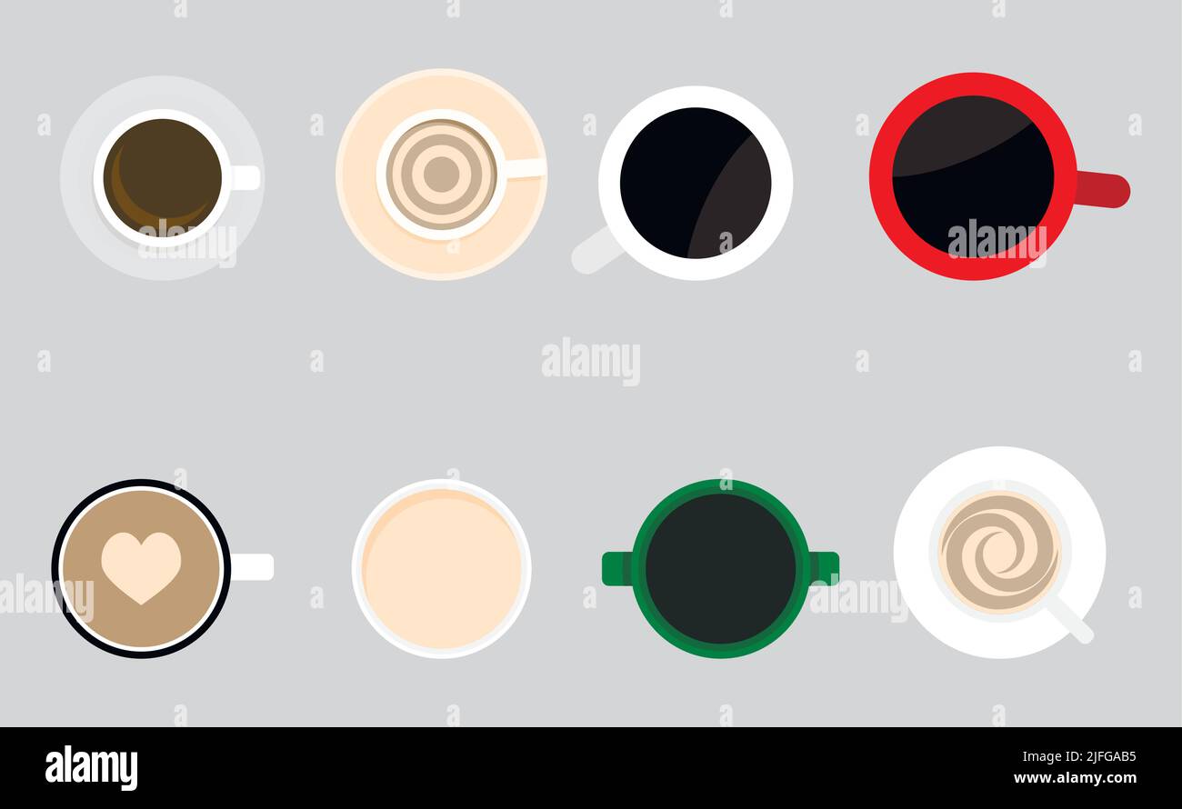 Tazas de café, té y cappuccino, tazas y utensilios de cocina con bebidas calientes. Ilustración vectorial. Tipos de café, taza de café, café de desayuno, frijoles Ilustración del Vector