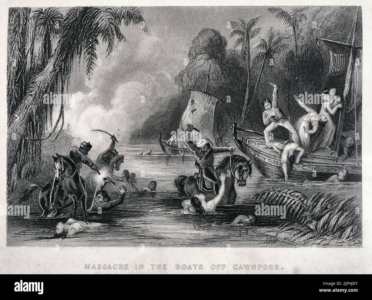 Masacre en los barcos frente a Cawnpore - Un grabado contemporáneo de la masacre en el Ghat de Satichaura el 27 de junio de 1857 después del Sitio de Cawnpore durante la rebelión india de 1857. Foto de stock