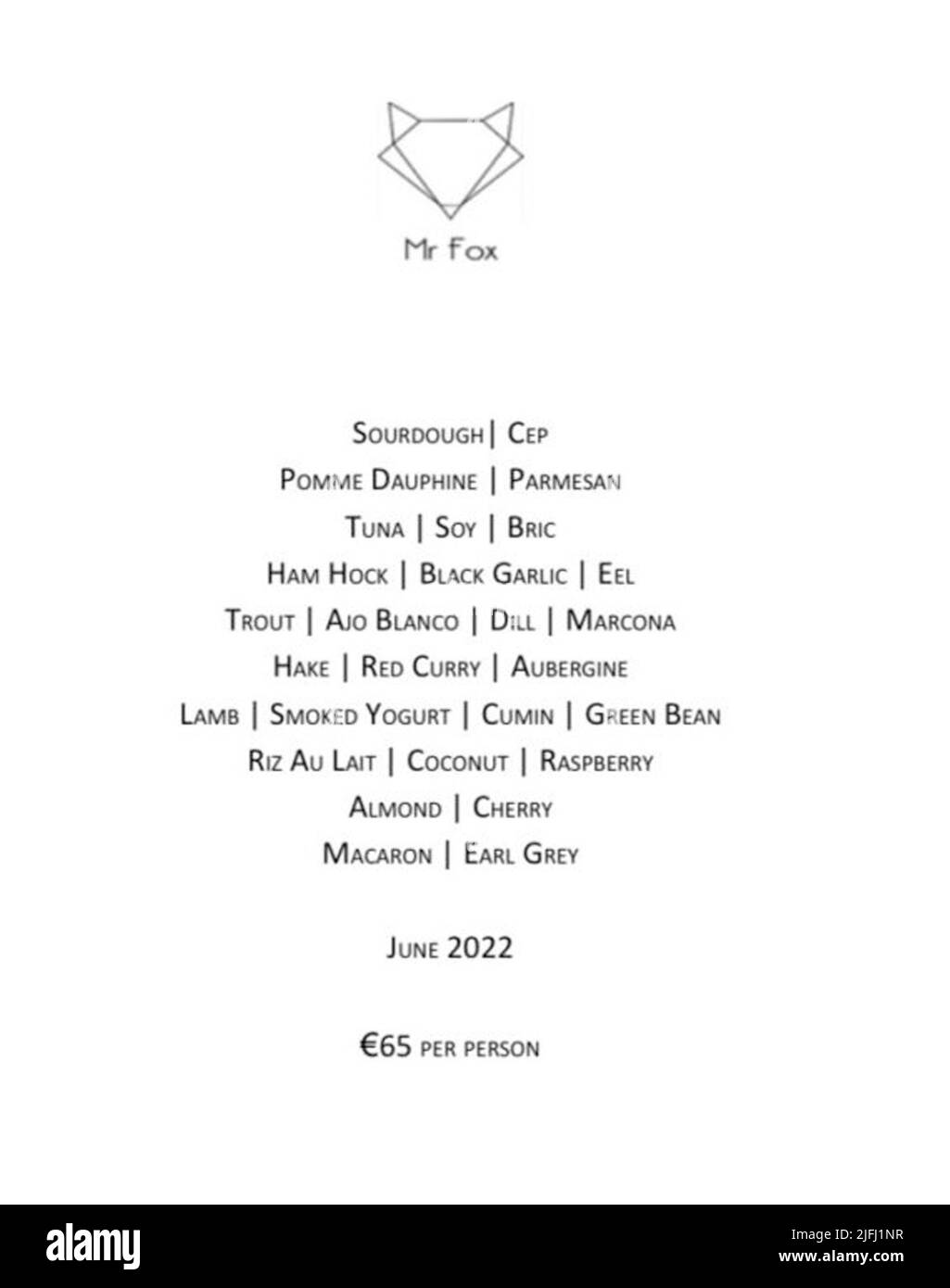 El menú del restaurante Mr Fox, Parnell Square, Dublín, Irlanda, sirve comida irlandesa contemporánea. Precio de €65 por persona. Foto de stock