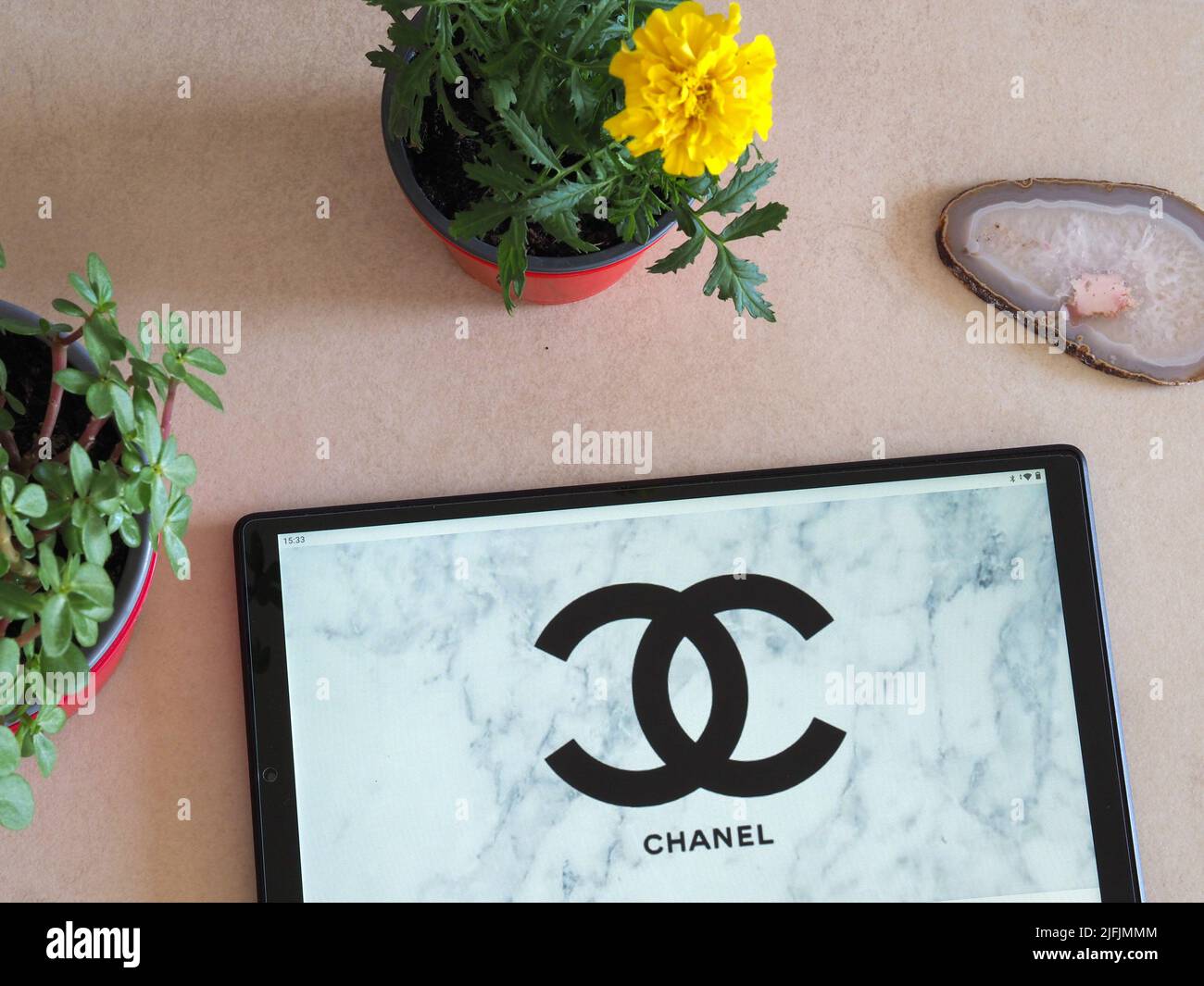 En esta ilustración de fotografía, se muestra el logotipo de Chanel S. A.  en una tableta. (Foto de Igor Golovniov / SOPA Images/Sipa USA Fotografía  de stock - Alamy