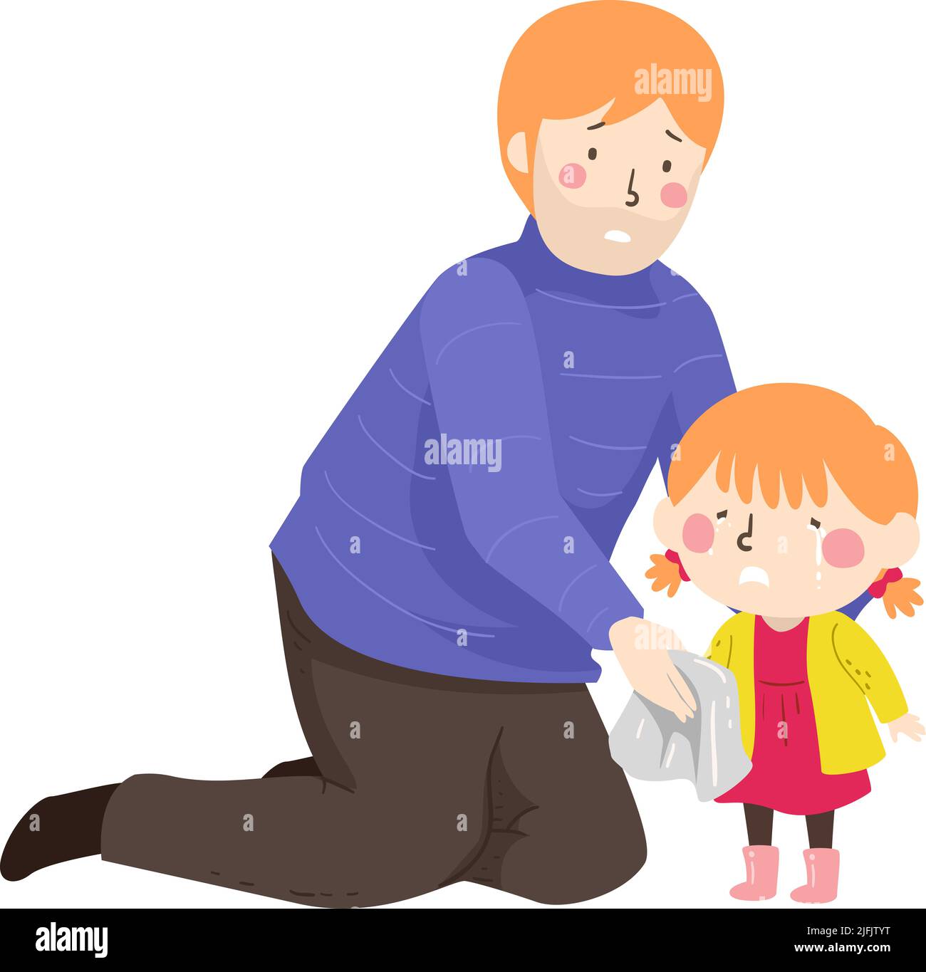 Ilustración de Kid Girl llorando con papá arrodillado para limpiar sus lágrimas con un pañuelo Foto de stock