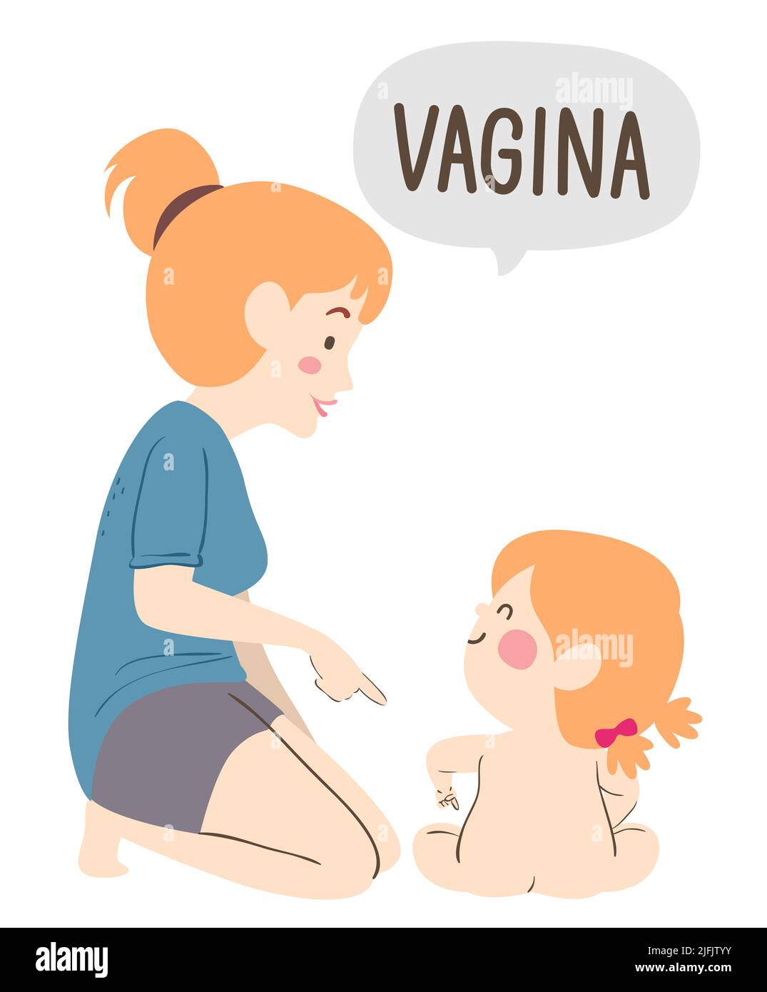 Ilustración de Kid Girl sentada señalando su parte privada del cuerpo, mamá señalando y diciendo vagina Foto de stock