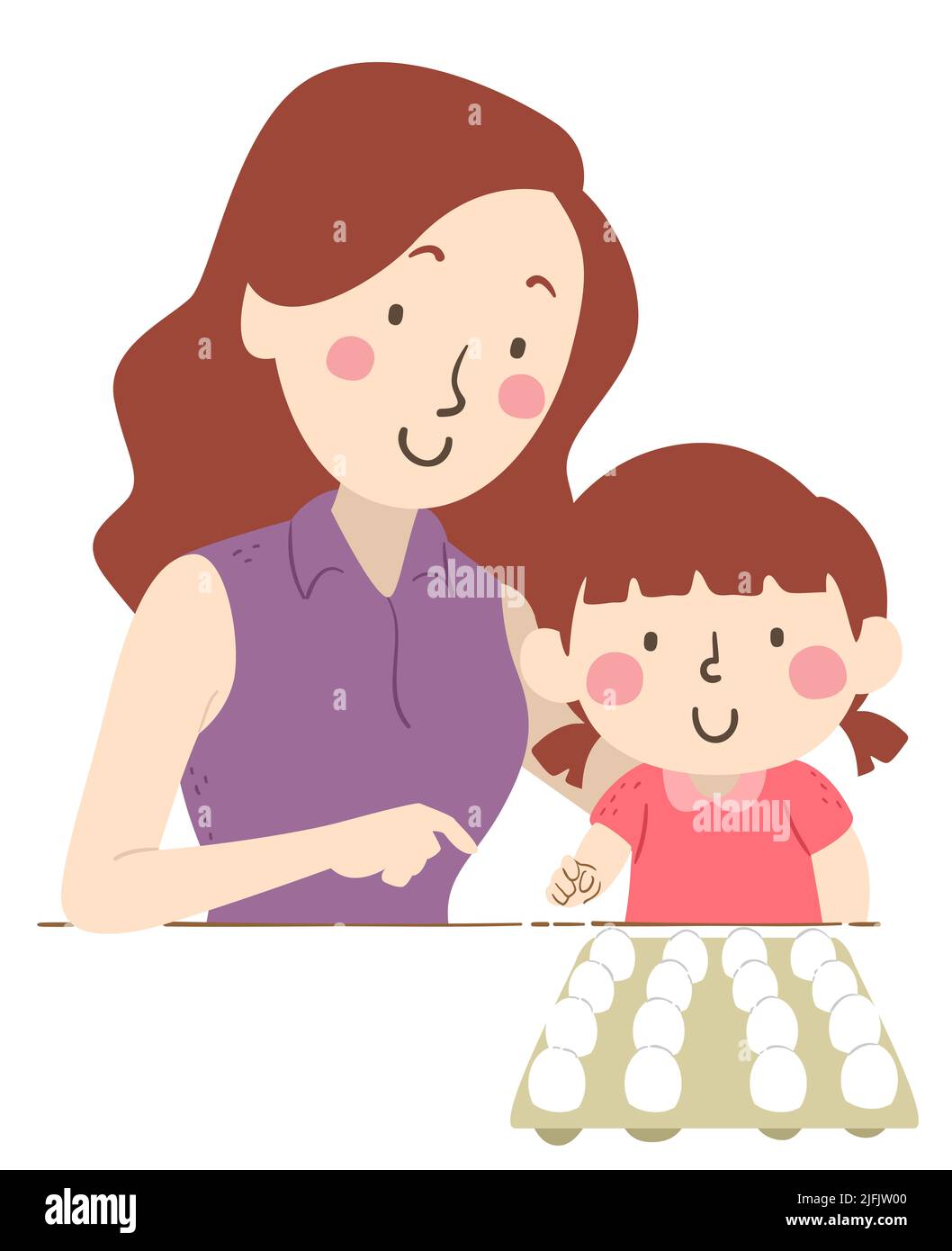 Ilustración de Kid Girl con Mamá Señalando y contando las cantidades de huevo en el recipiente. Aprender acerca de docena Foto de stock