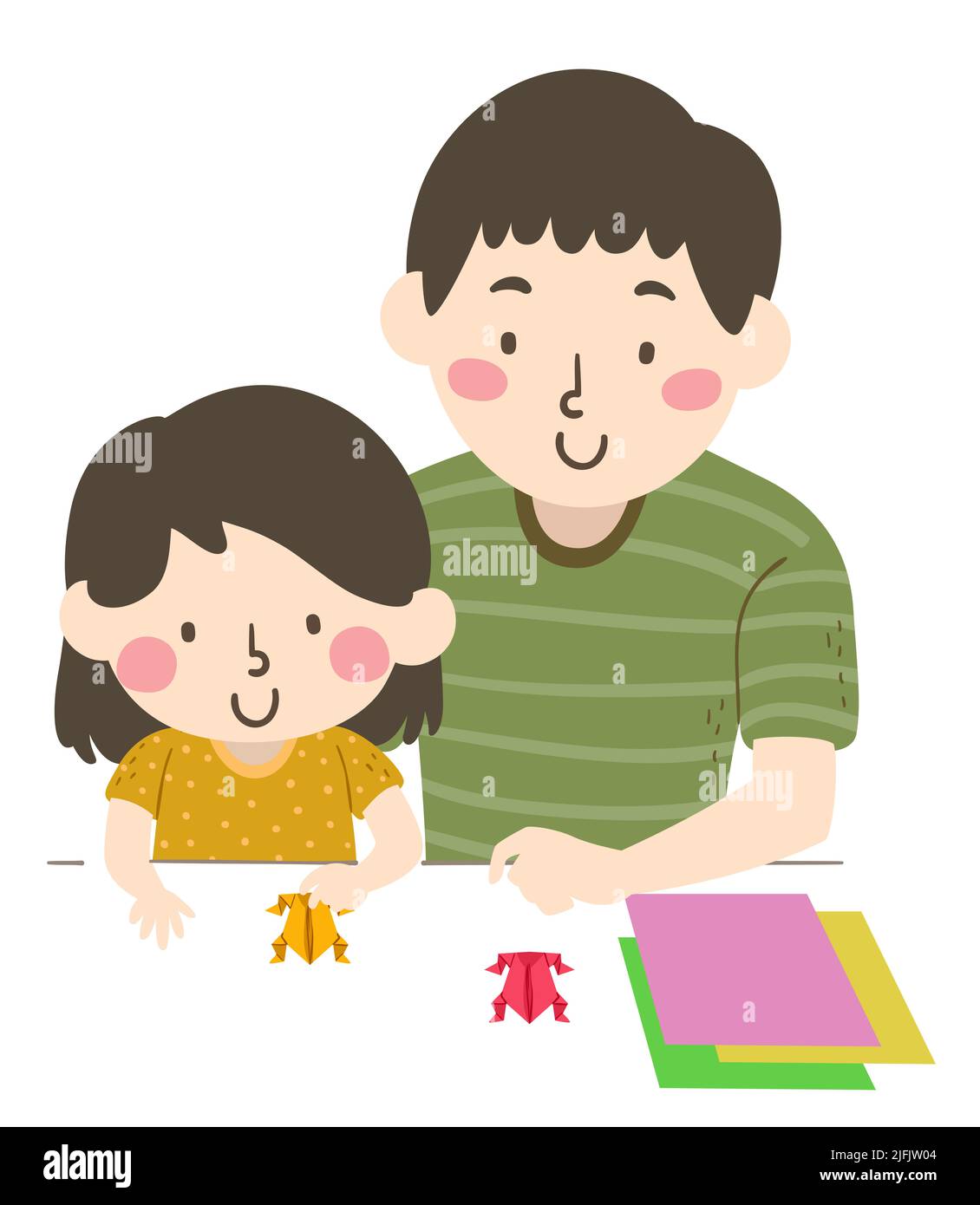 Ilustración de Kid Girl jugando carrera de rana de papel con su hermano adolescente. Haciendo Origami Foto de stock