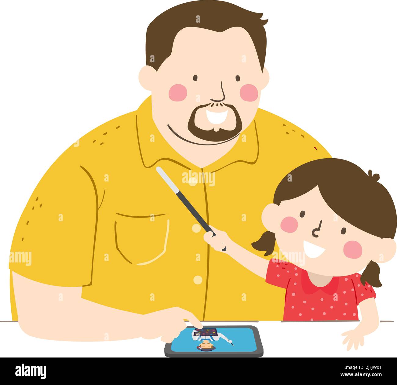 Ilustración de Kid Girl Holding Magic Wand con papá viendo a un mago en línea en la tableta Foto de stock