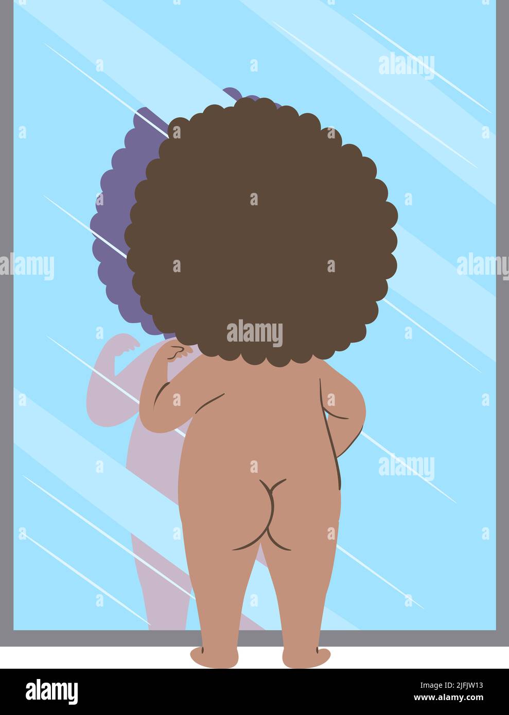 Ilustración de niño afroamericano sin ropa de pie frente a espejo mirando su reflejo Foto de stock