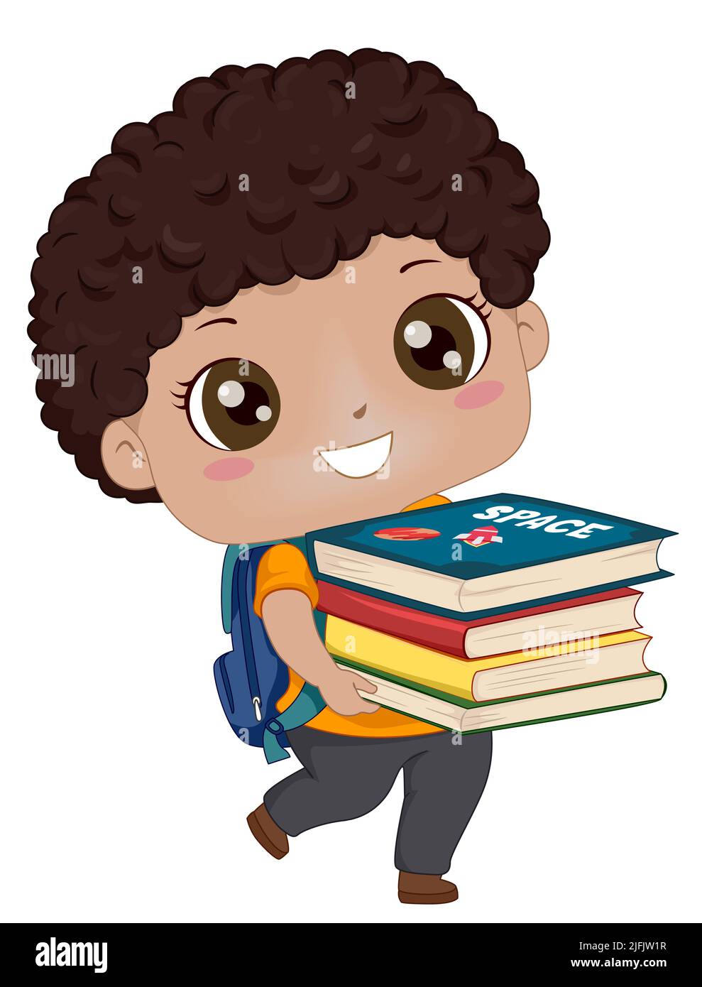 Ilustración de un estudiante de niño afroamericano con bolsa escolar que lleva libros educativos Foto de stock
