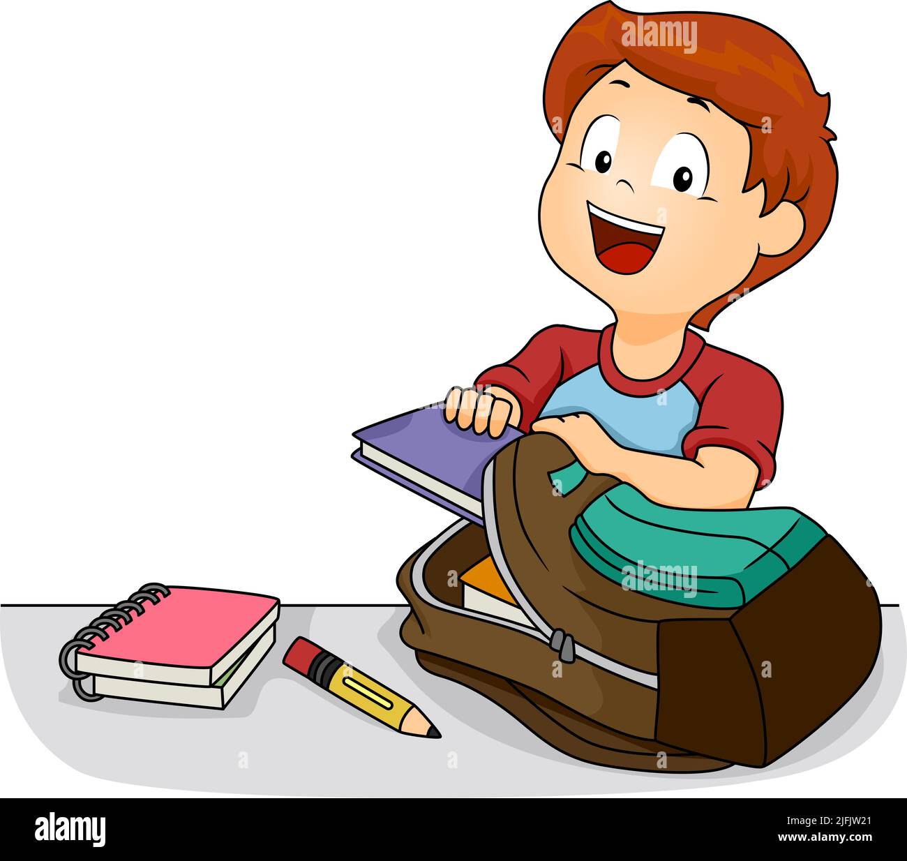 Ilustración de Kid Boy sosteniendo un libro y vaciando su mochila con un cuaderno en espiral y un lápiz sobre la mesa. Rutina después de clases Foto de stock