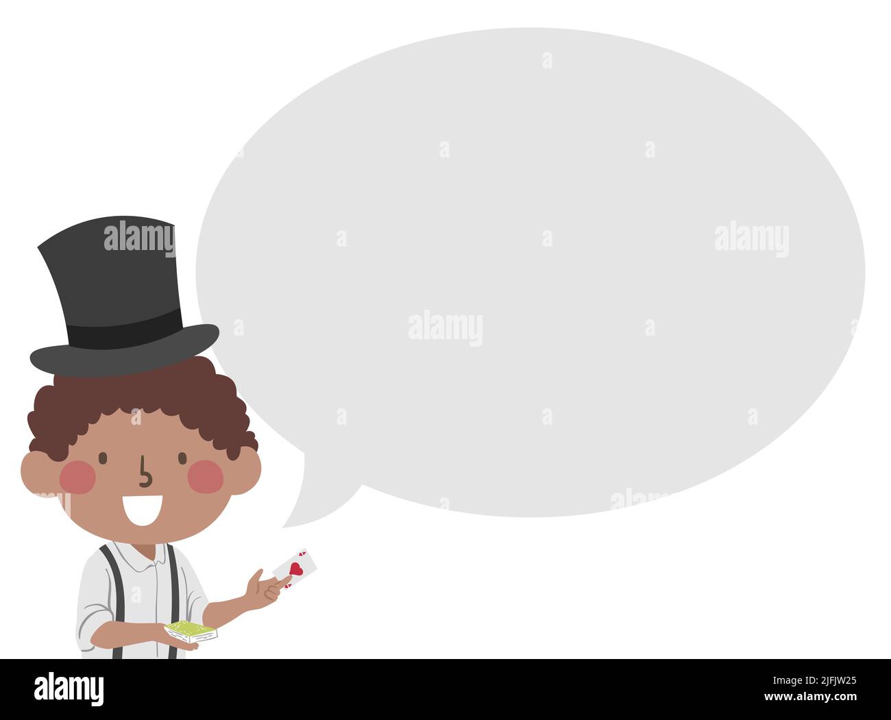 Ilustración de un niño afroamericano con sombrero de tapa, con tarjetas mágicas con burbuja de habla Foto de stock