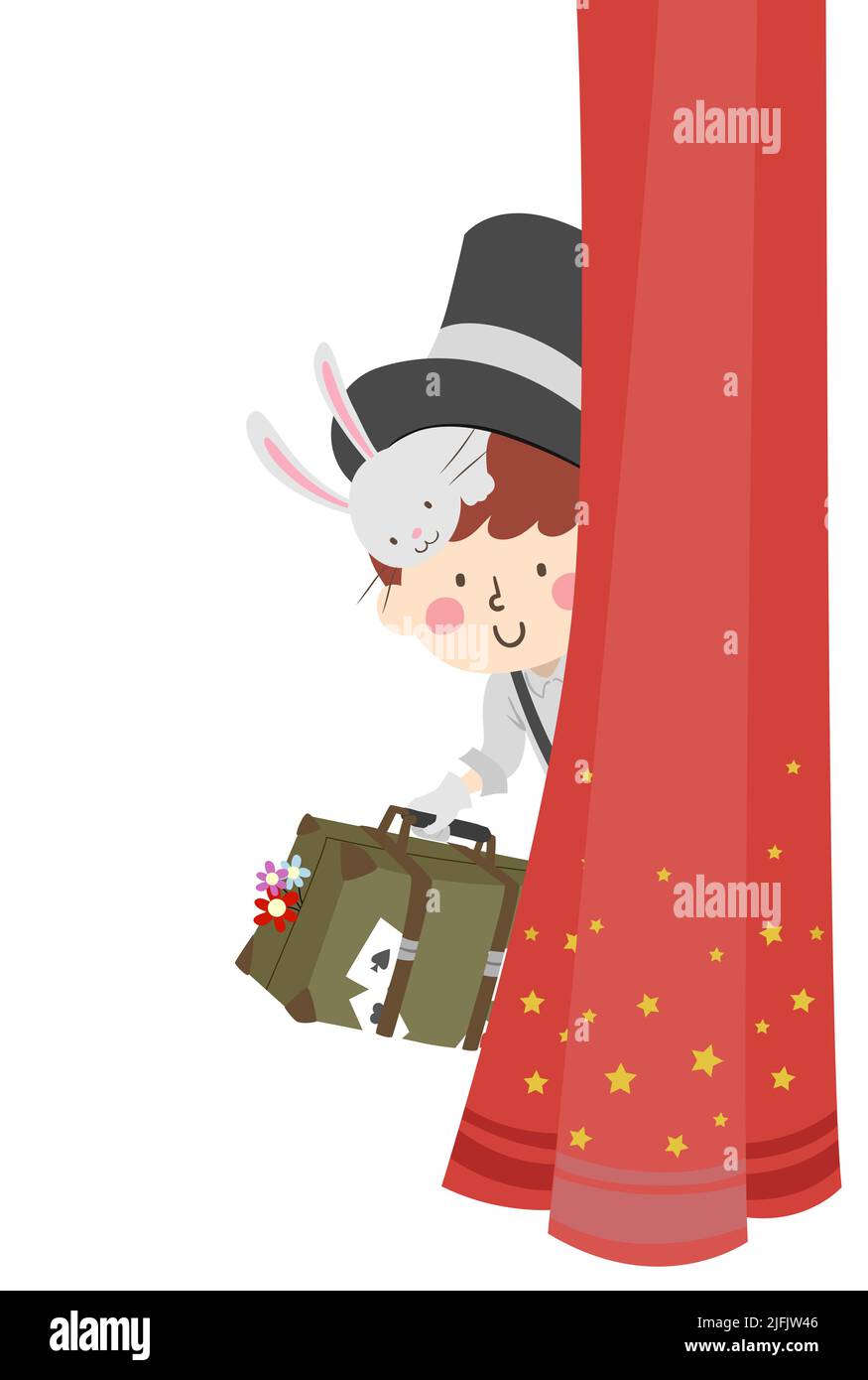 Ilustración de Kid Boy Magician con sombrero superior con conejo en la cabeza, con una maleta con cartas mágicas y flores escondida detrás de la cortina roja Foto de stock