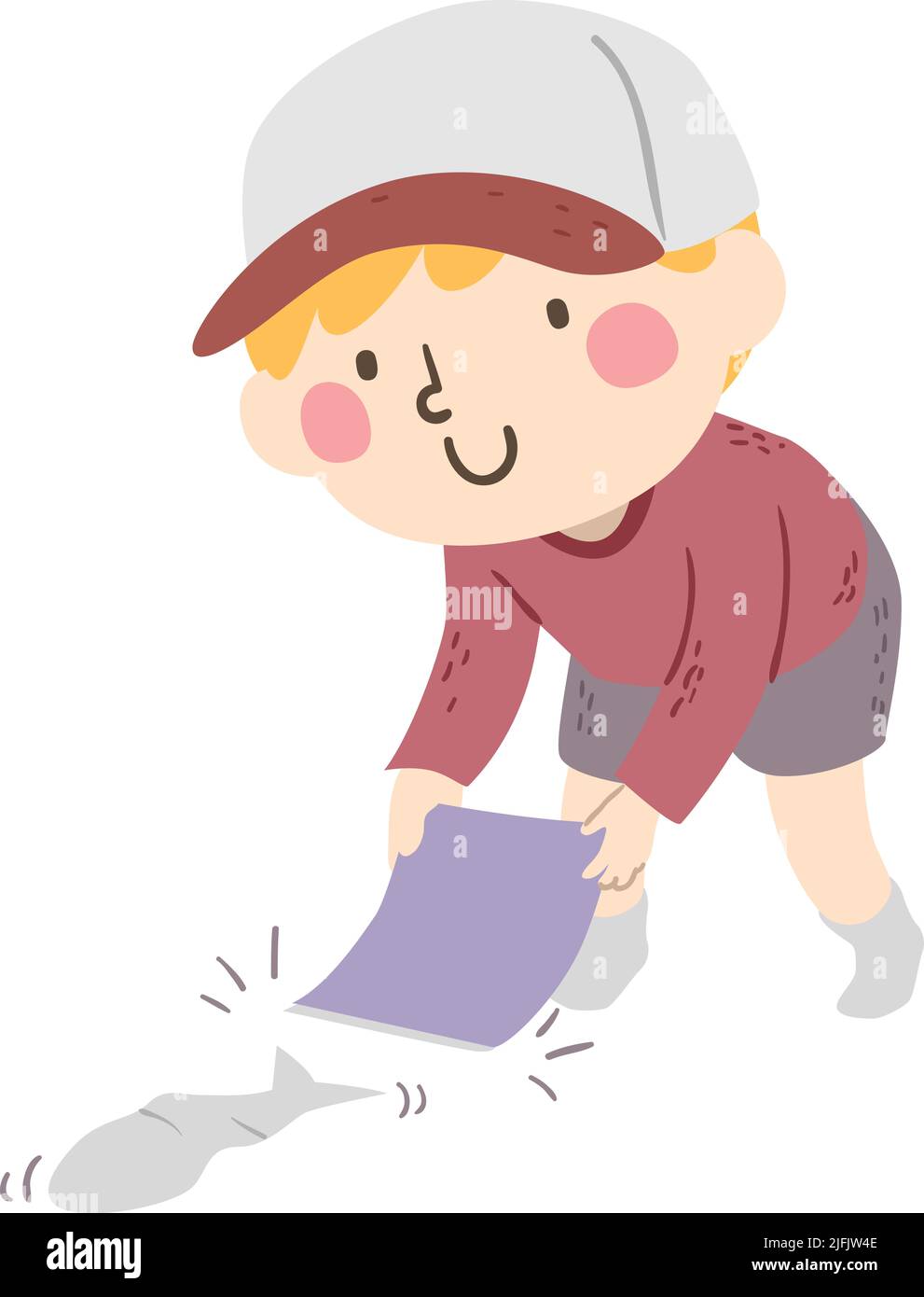 Ilustración de un niño sosteniendo cartón y animando un pescado de papel en una carrera Foto de stock