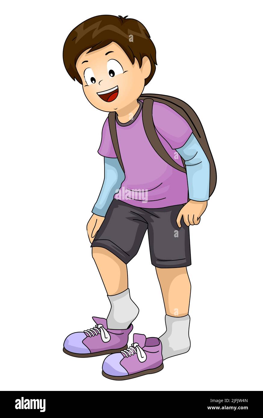 Ilustración de un estudiante de niño sonriente que se pone los zapatos antes de ir a la escuela Foto de stock