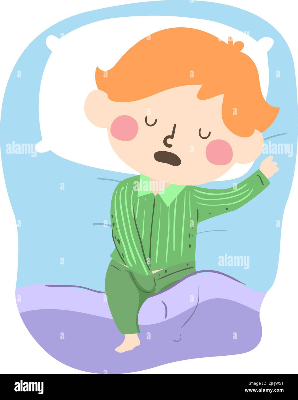 Ilustración de un niño acostado en la cama, tocando parte privada del cuerpo mientras duerme en la cama Foto de stock