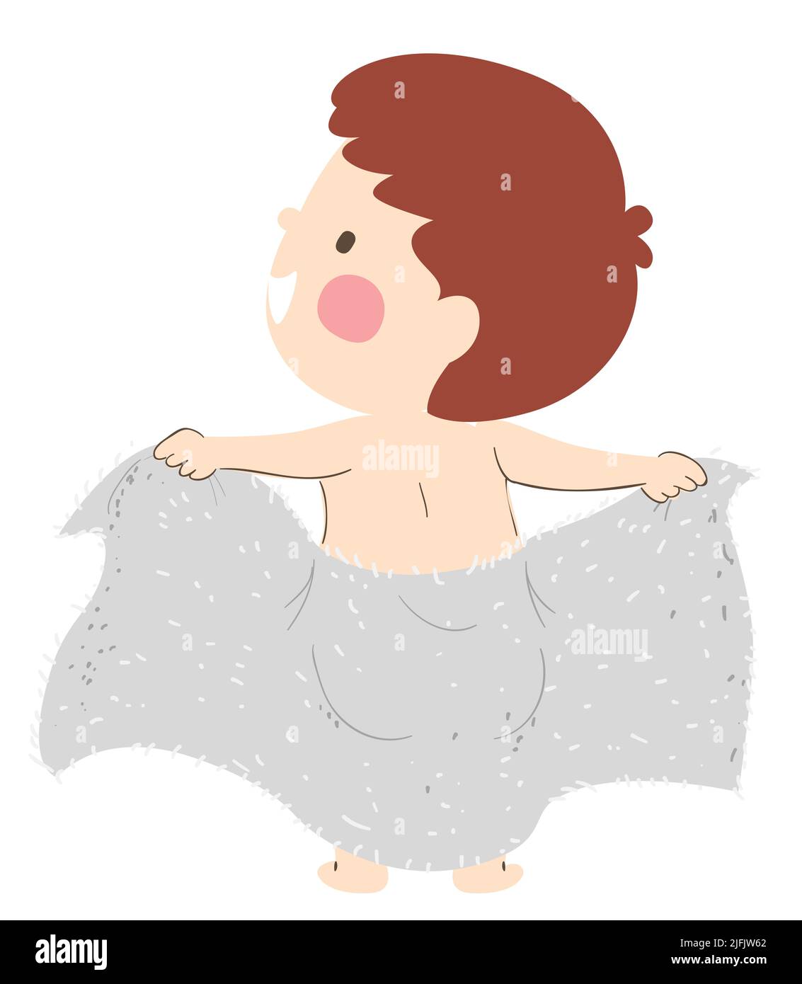 Ilustración de Kid Boy en la vista trasera Sosteniendo una toalla y secando su parte inferior del cuerpo después del baño Foto de stock