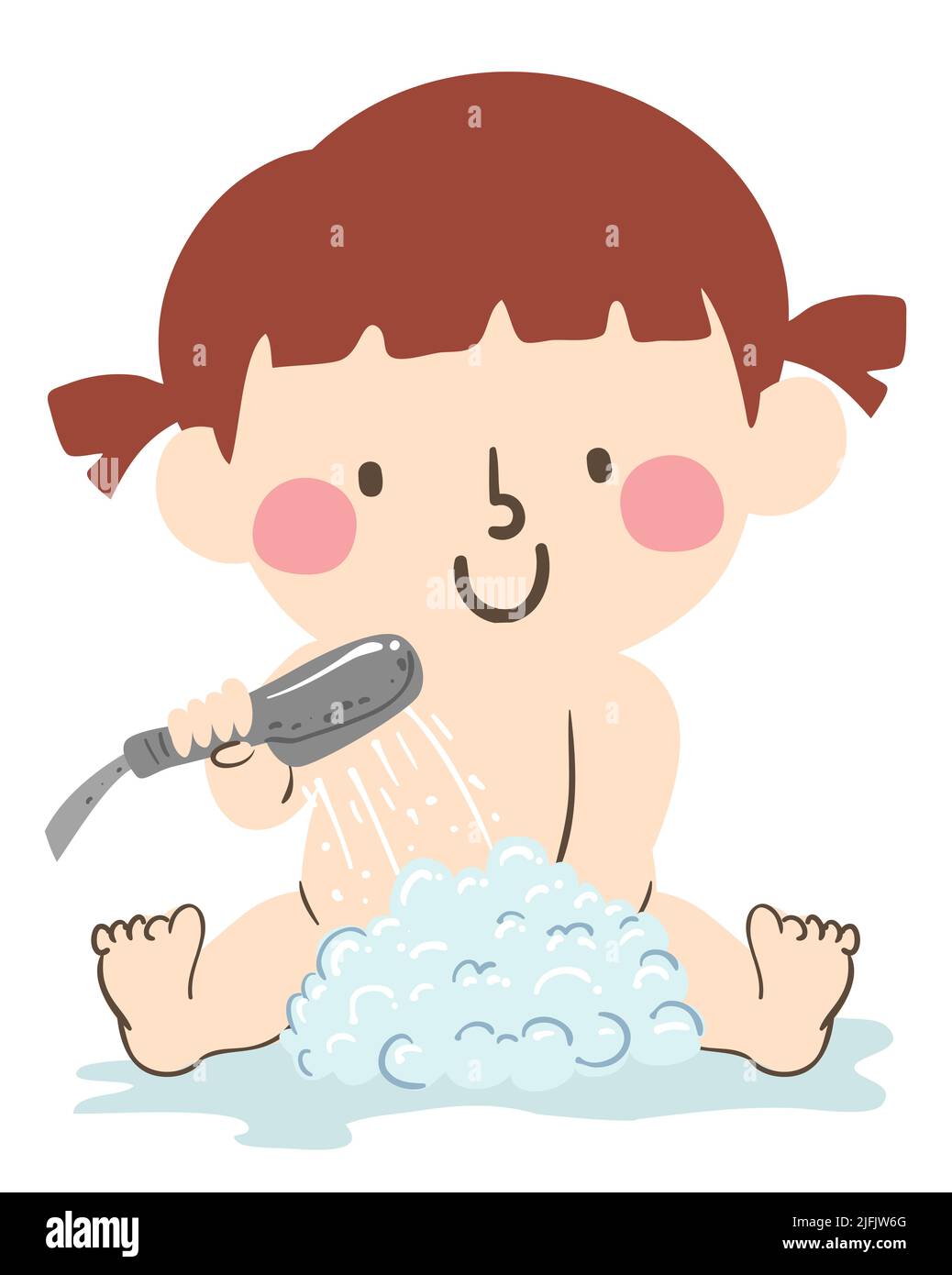 Ilustración de Kid Girl en un baño, sentada y limpieza con burbujas de jabón y agua de ducha Foto de stock