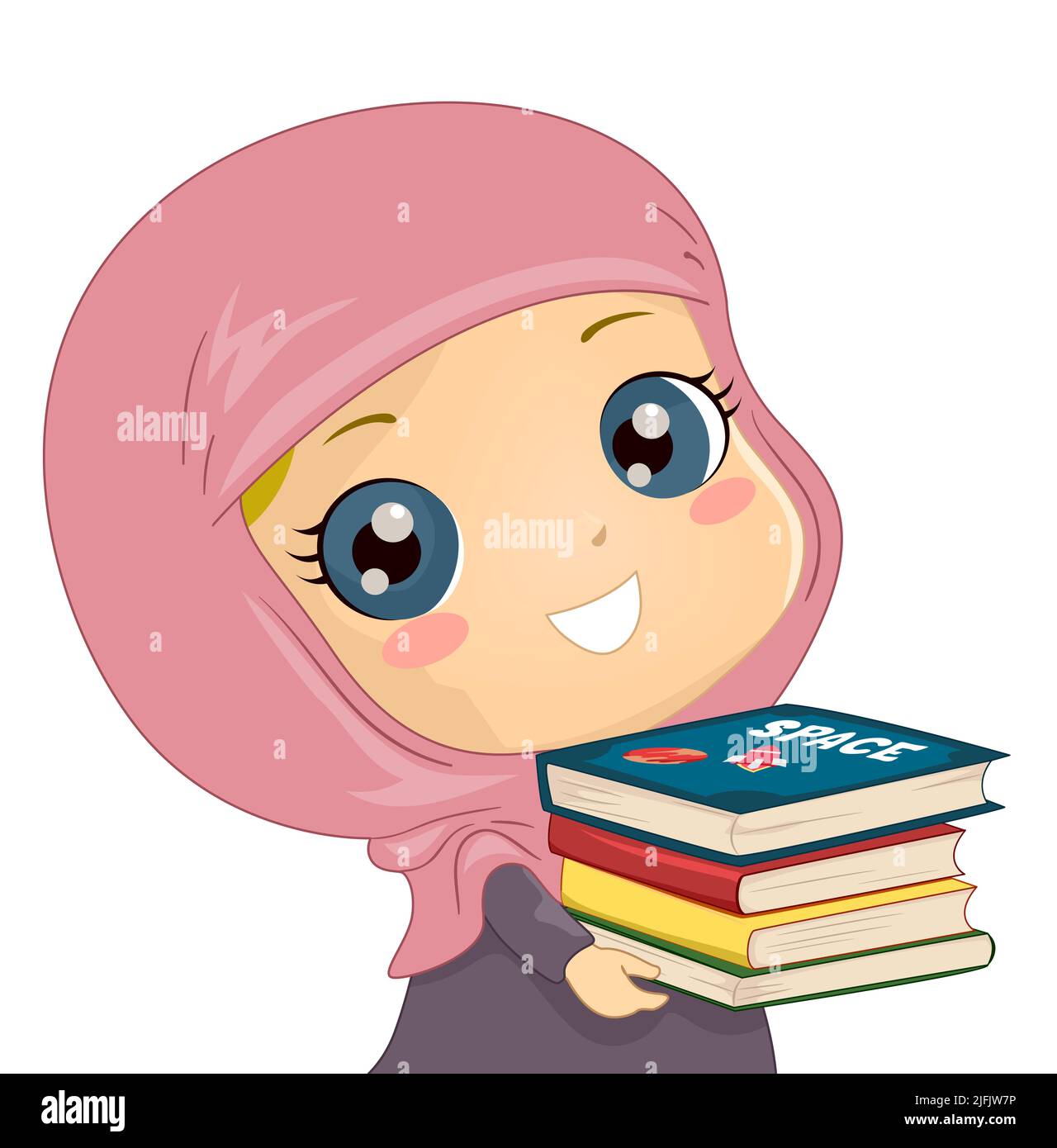Ilustración de una estudiante musulmana de niña que llevaba hijab y pila de libros Foto de stock